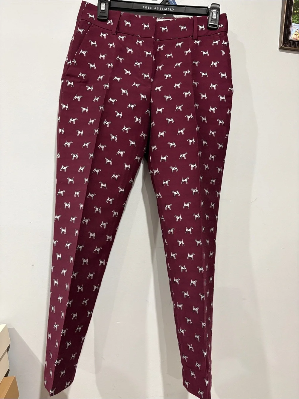 J. Crew Burgundy Ankle Pants with White Dog Print
